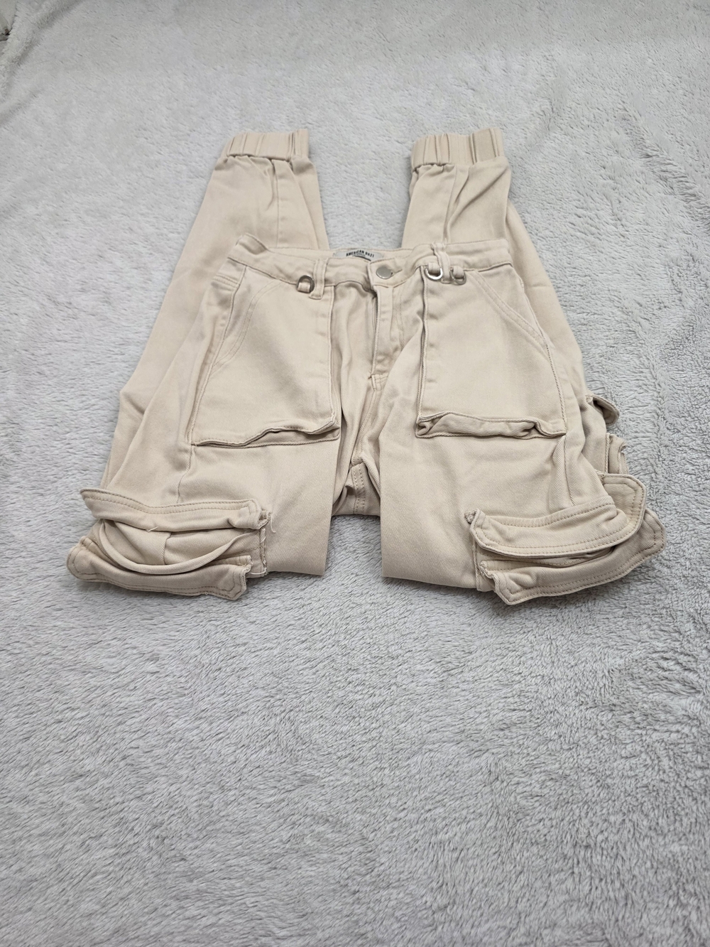 American Bazi Beige Wide-Leg Cargo Flare Jeans